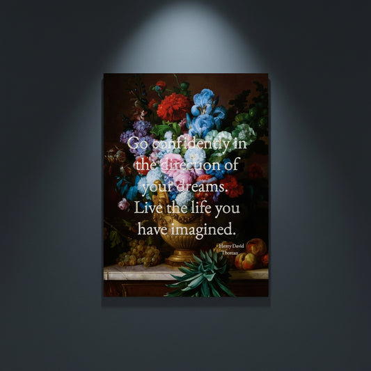 Fine Art Print Floral still life painting with a motivational quote in gold metallic foil text hanging on blue-gray background with spotlight lighting effect. 