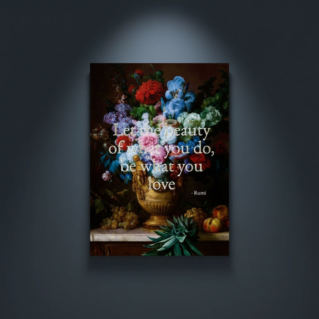 Fine Art Print Floral still life painting with a motivational quote in gold metallic foil text hanging on blue-gray background with spotlight lighting effect. 