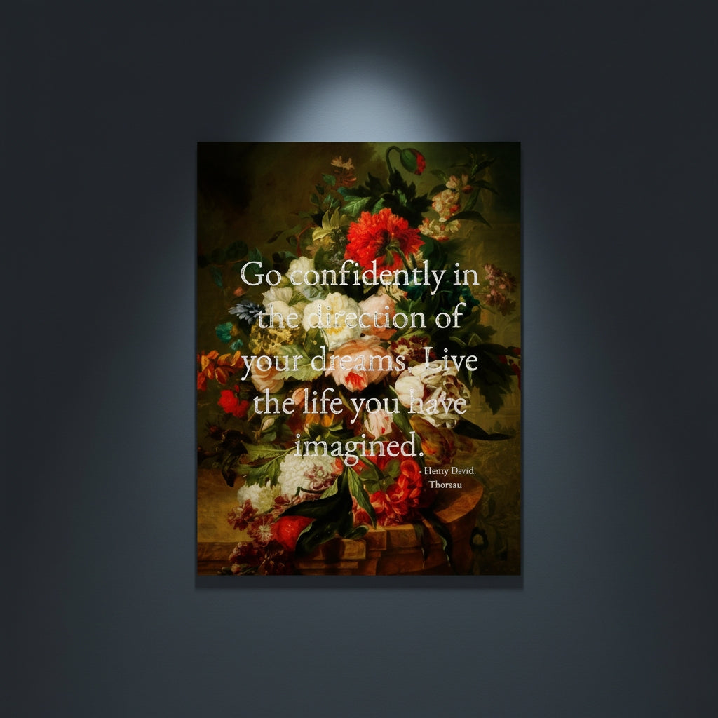 Fine Art Print of Floral still life painting with a motivational quote in gold metallic foil text hanging on blue-gray background with spotlight lighting effect. 