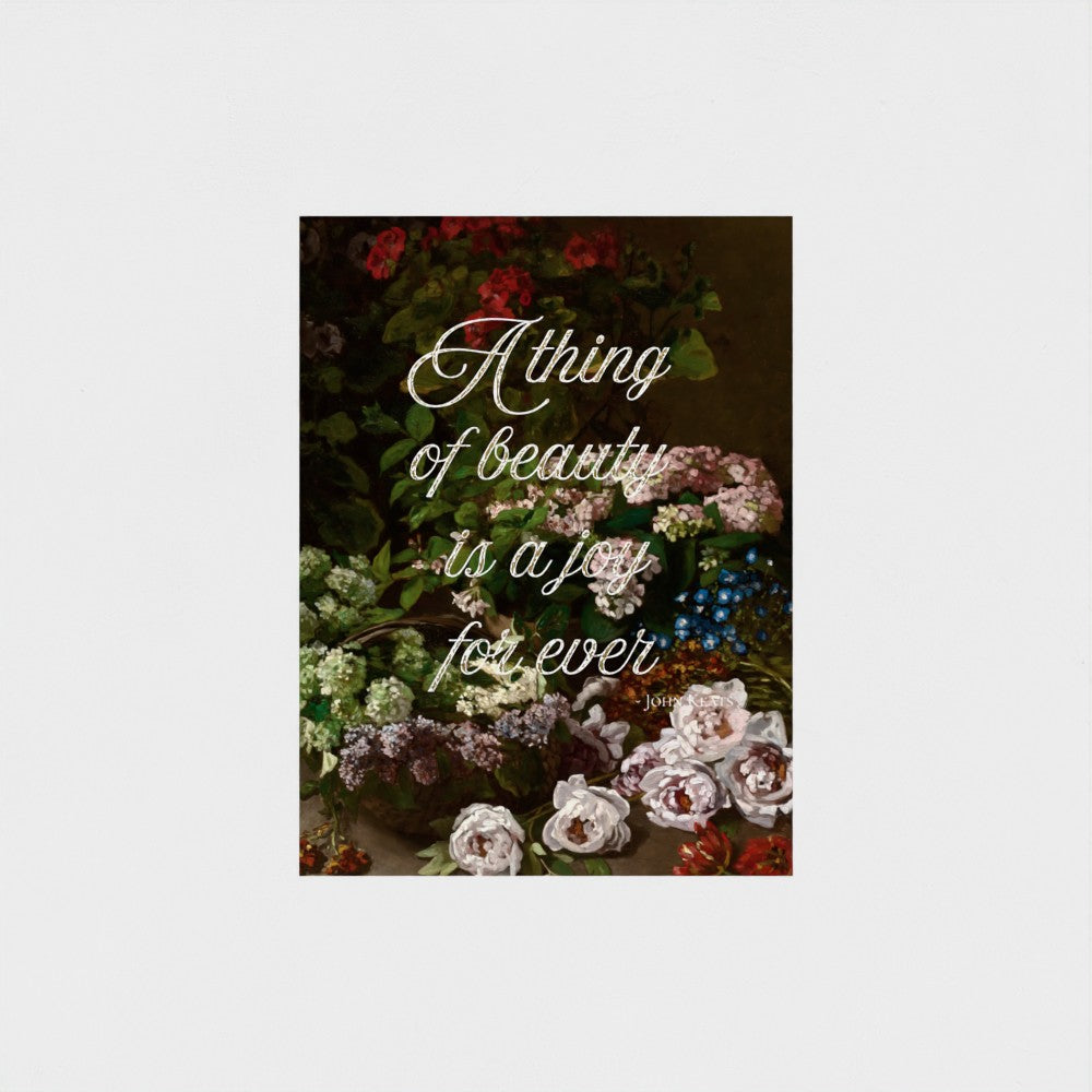 Fine Art Print Floral still life painting with a motivational quote in gold metallic foil text hanging on white background to demonstrate contrast. 