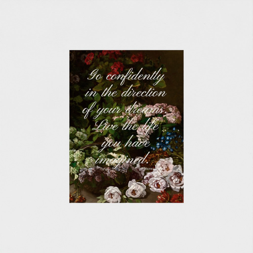 Fine Art Print Floral still life painting with a motivational quote in gold metallic foil text hanging on white background to demonstrate contrast. 