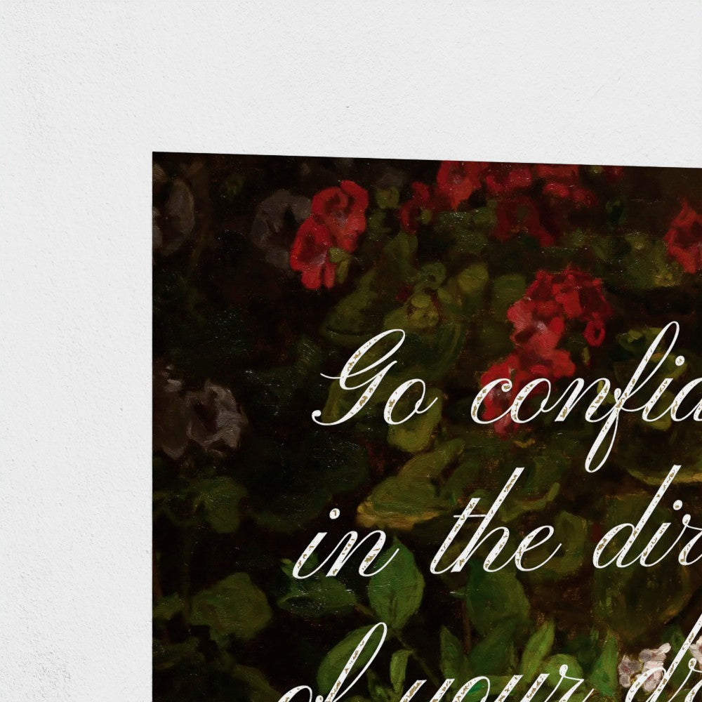 Fine Art Print Close up of section of Floral still life painting with a motivational quote hanging on white background to demonstrate contrast and show detail of gold foil metallic text.