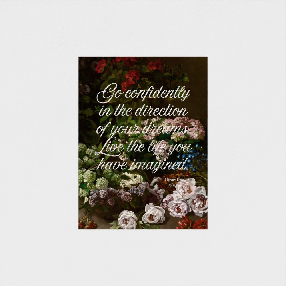Fine Art Print Floral still life painting with a motivational quote in gold metallic foil text hanging on white background to demonstrate contrast.