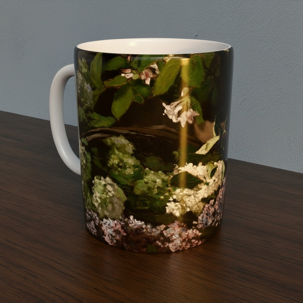 Mug with French Master Still Life Artwork printed on - with white handle and mug inner, mug sitting on a wooden surface