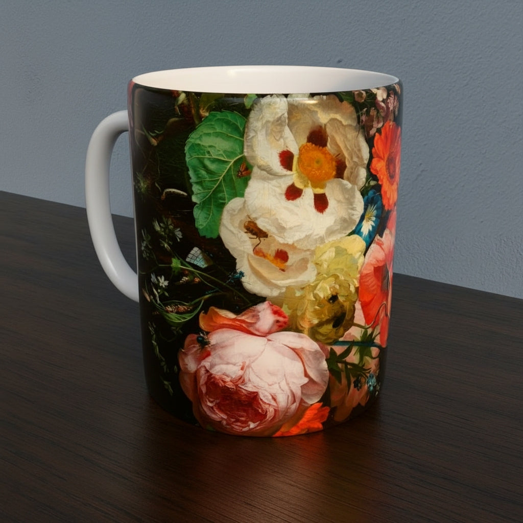 Mug with Dutch Master Still Life Artwork printed on - with white handle and mug inner, mug sitting on a wooden surface