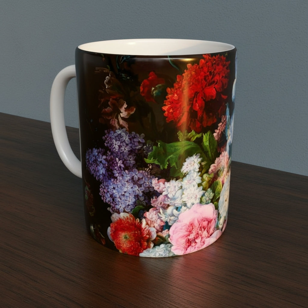 Mug with Dutch Master Still Life Artwork printed on - with white handle and mug inner, mug sitting on a wooden surface