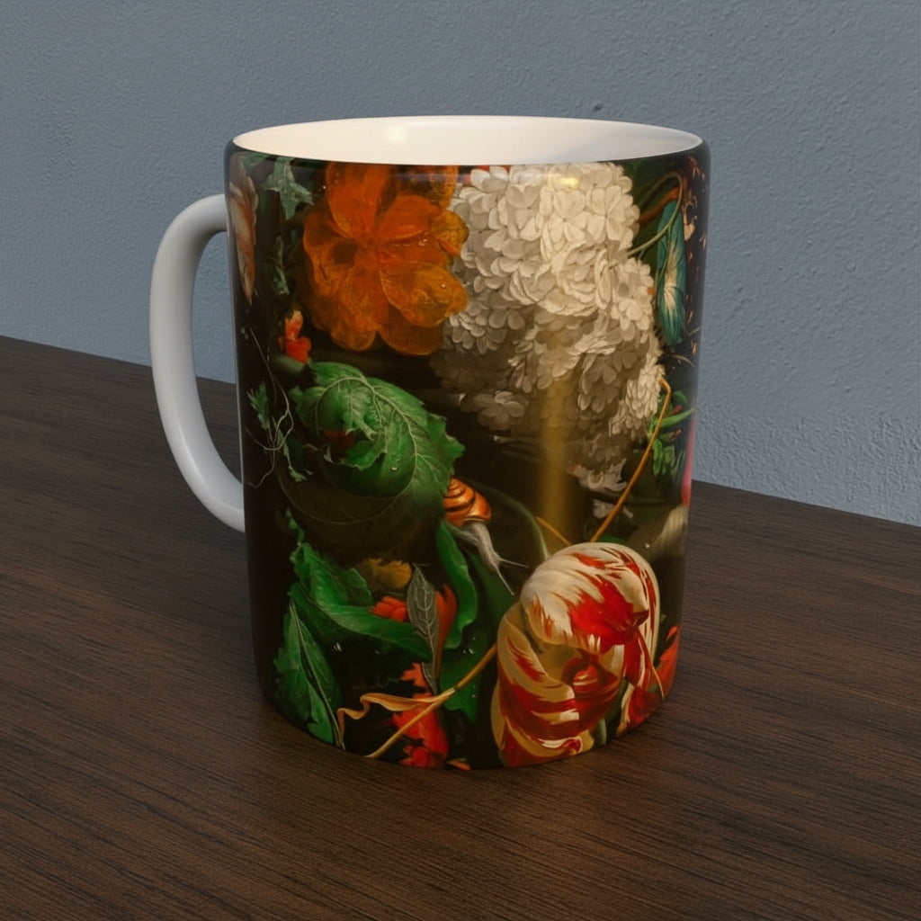 Mug with Dutch Master Still Life Artwork printed on - with white handle and mug inner, mug sitting on a wooden surface