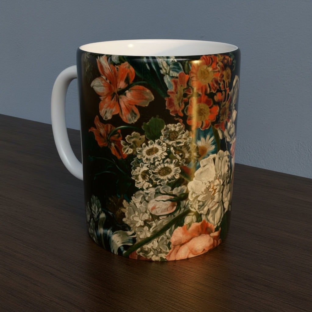 Mug with Dutch Master Still Life Artwork printed on - with white handle and mug inner, mug sitting on a wooden surface