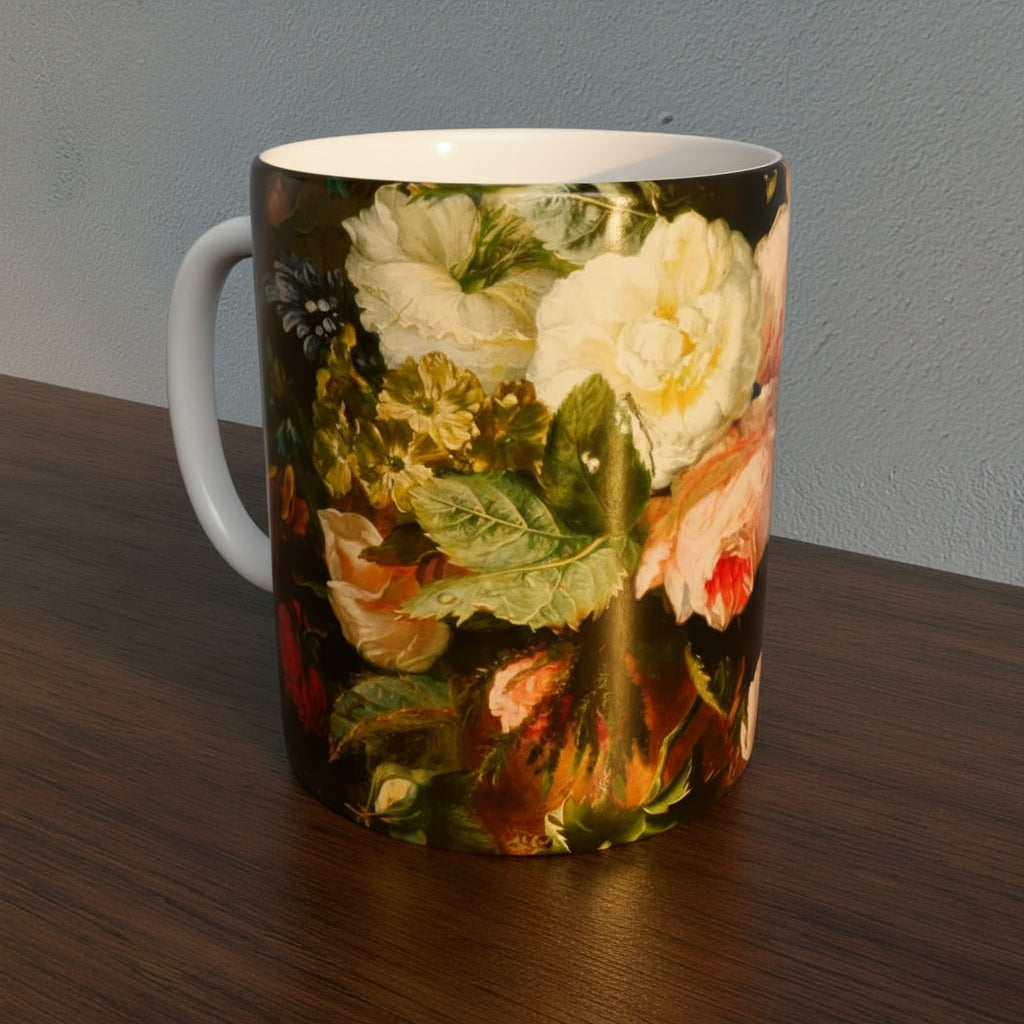 Mug with Dutch Master Still Life Artwork printed on - with white handle and mug inner, mug sitting on a wooden surface