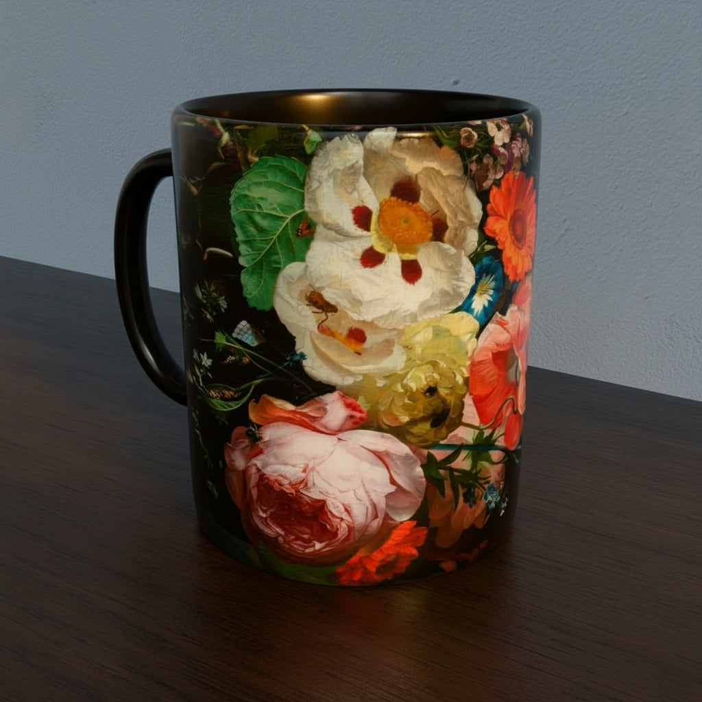 Mug with Dutch Master Still Life Artwork printed on - with black handle and mug inner, mug sitting on a wooden surface