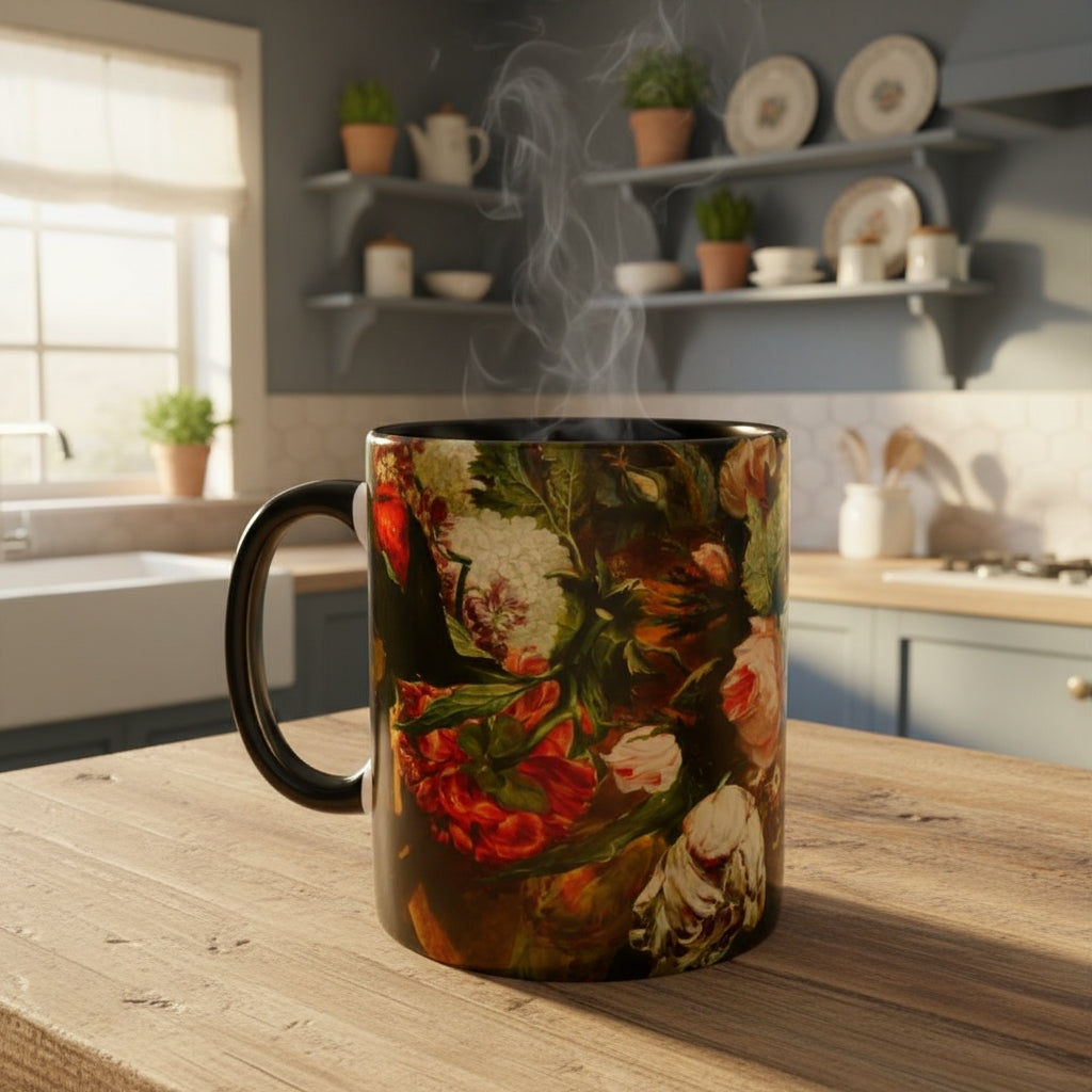 Steaming mug with Dutch Master Still Life Artwork printed on - with black handle and mug inner, mug sitting on a wooden surface on English styled kitchen. 