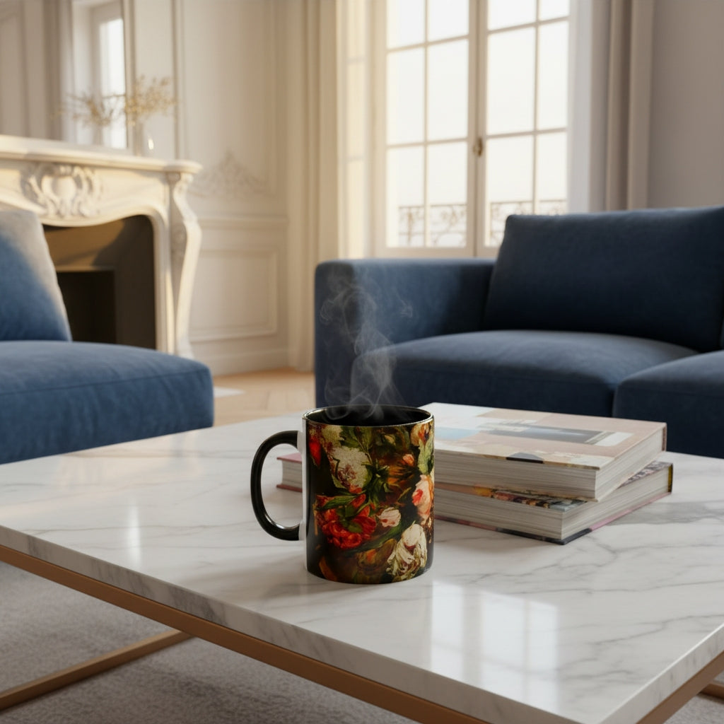 Steaming mug with Dutch Master Still Life Artwork printed on - with black handle and mug inner, mug sitting on marble coffee table in living room of French Styled Apartment. 