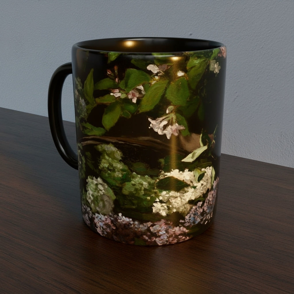 Mug with French Master Still Life Artwork printed on - with black handle and mug inner, mug sitting on a wooden surface