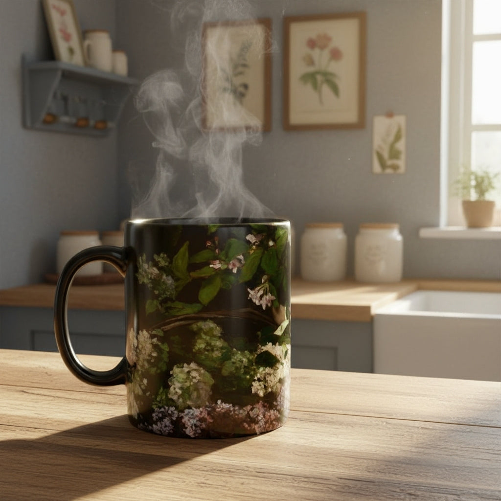 Steaming mug with French Master Still Life Artwork printed on - with black handle and mug inner, mug sitting on a wooden surface in English styled kitchen. 