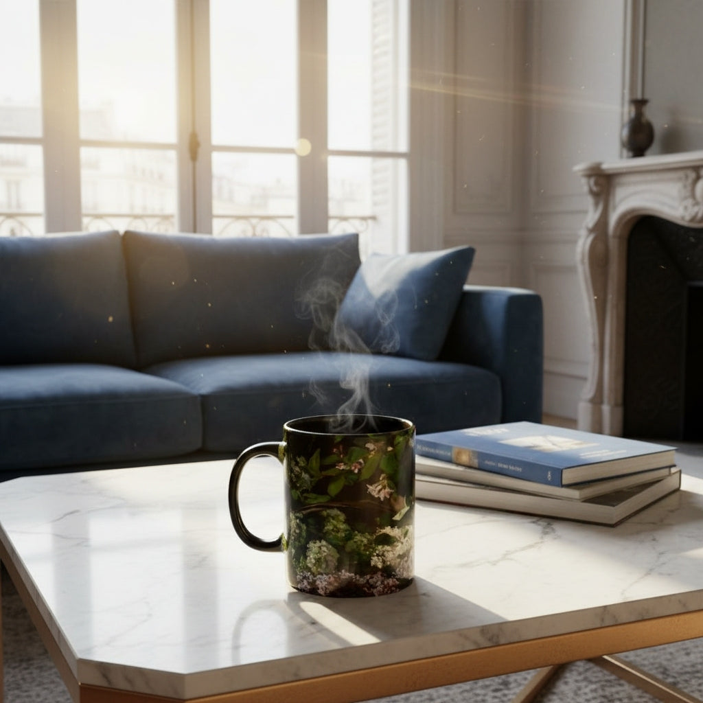 Steaming mug with French Master Still Life Artwork printed on - with black handle and mug inner, mug sitting on marble coffee table in living room of French Styled Apartment. 
