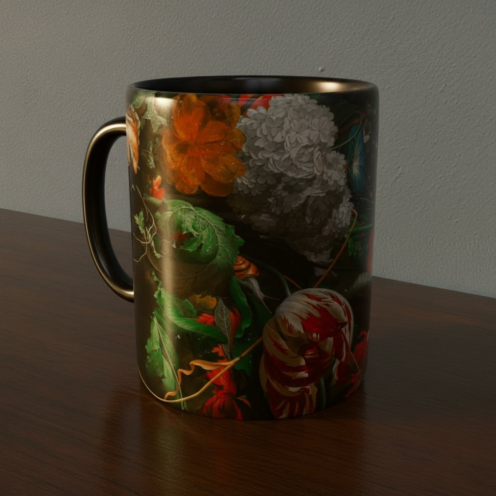 Mug with Dutch Master Still Life Artwork printed on - with black handle and mug inner, mug sitting on a wooden surface