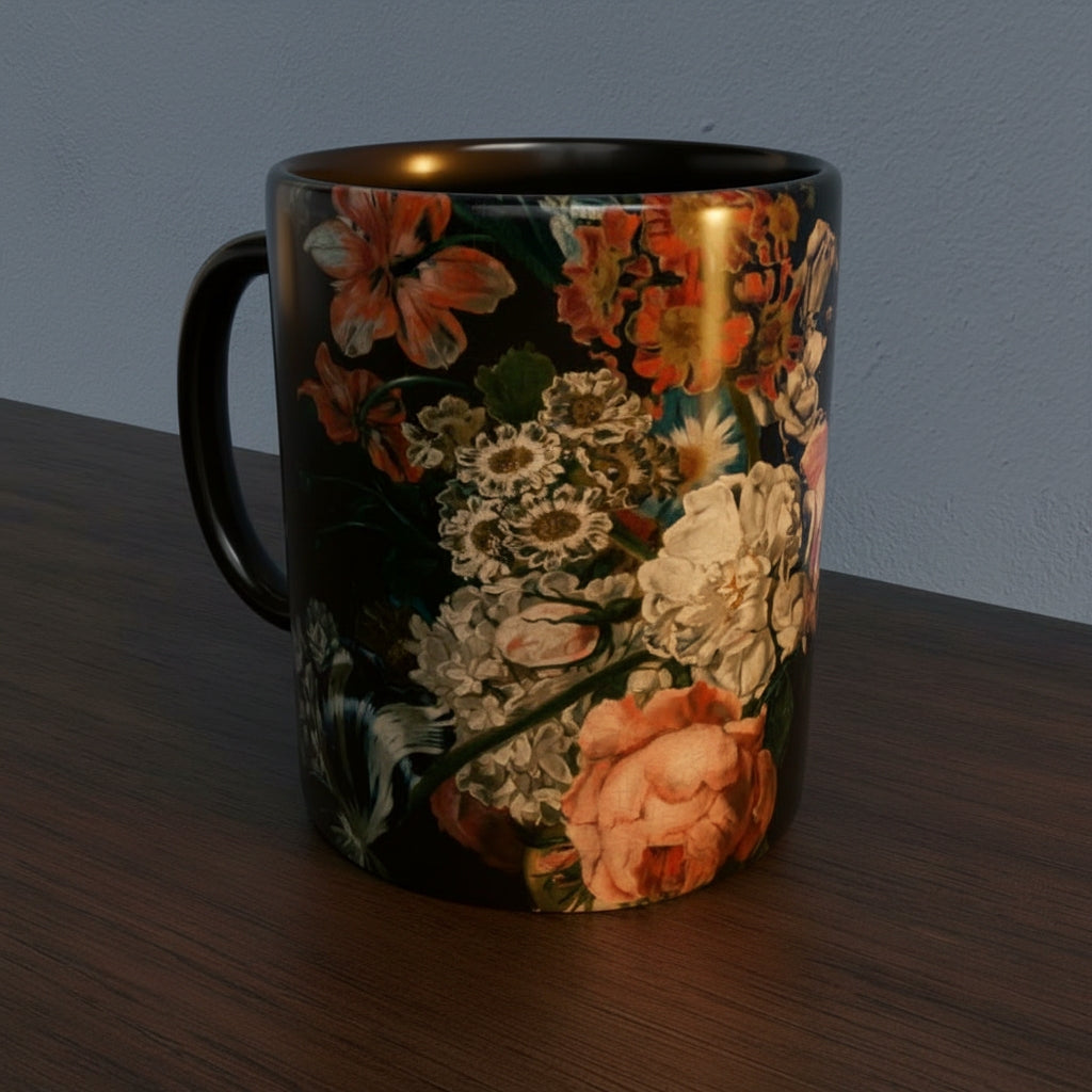 Mug with Dutch Master Still Life Artwork printed on - with black handle and mug inner, mug sitting on a wooden surface