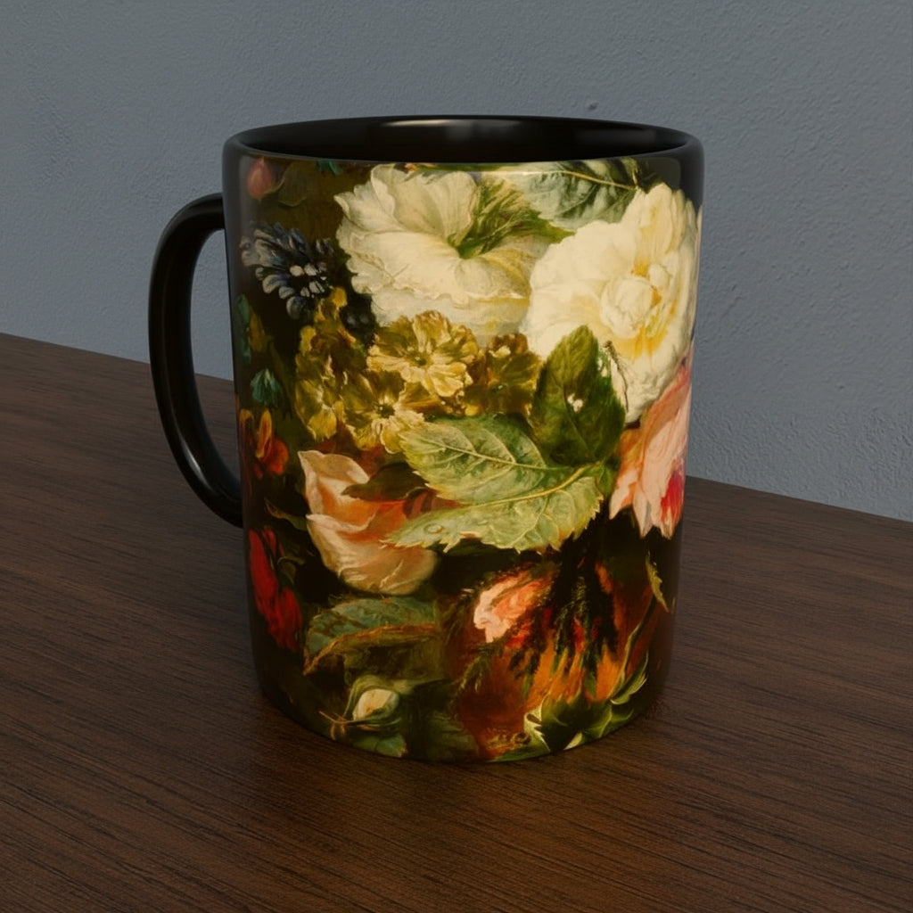 Mug with Dutch Master Still Life Artwork printed on - with black handle and mug inner, mug sitting on a wooden surface