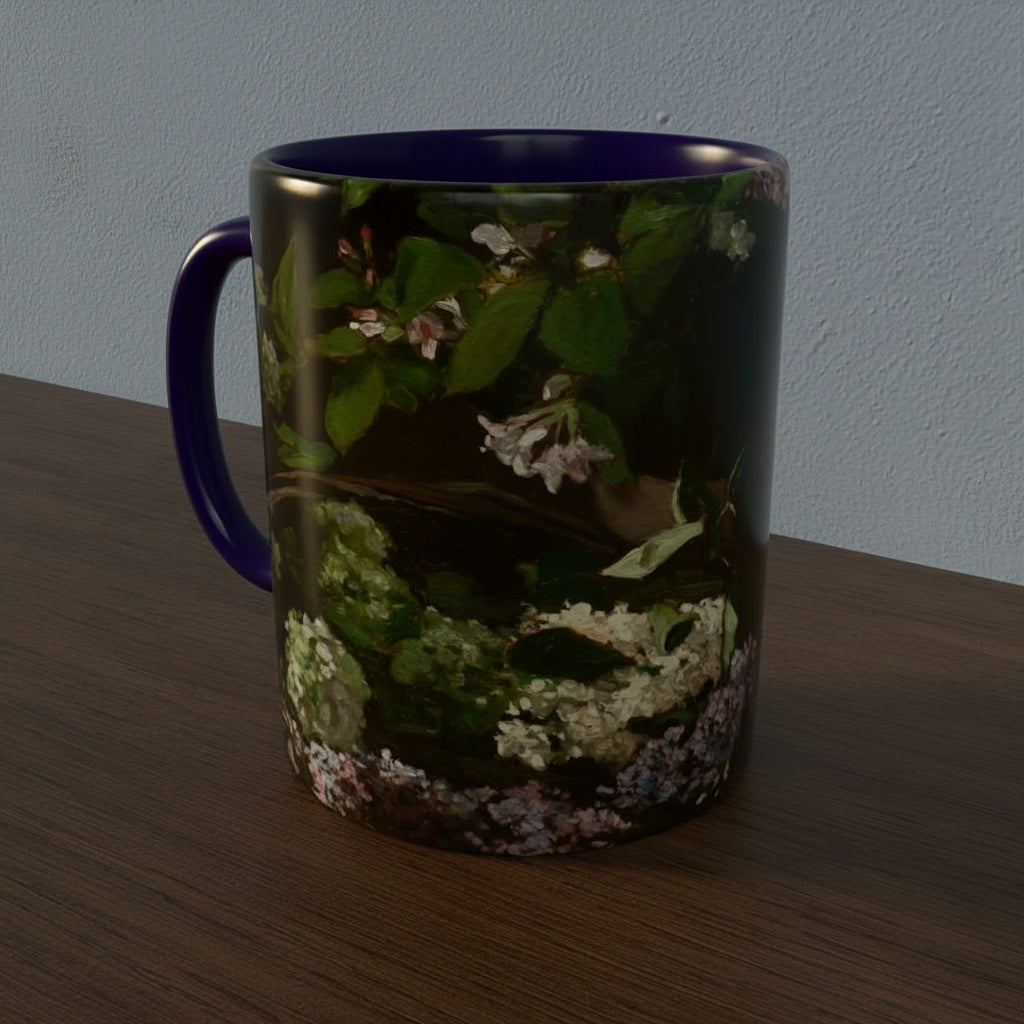 Mug with French Master Still Life Artwork printed on - with blue handle and mug inner, mug sitting on a wooden surface