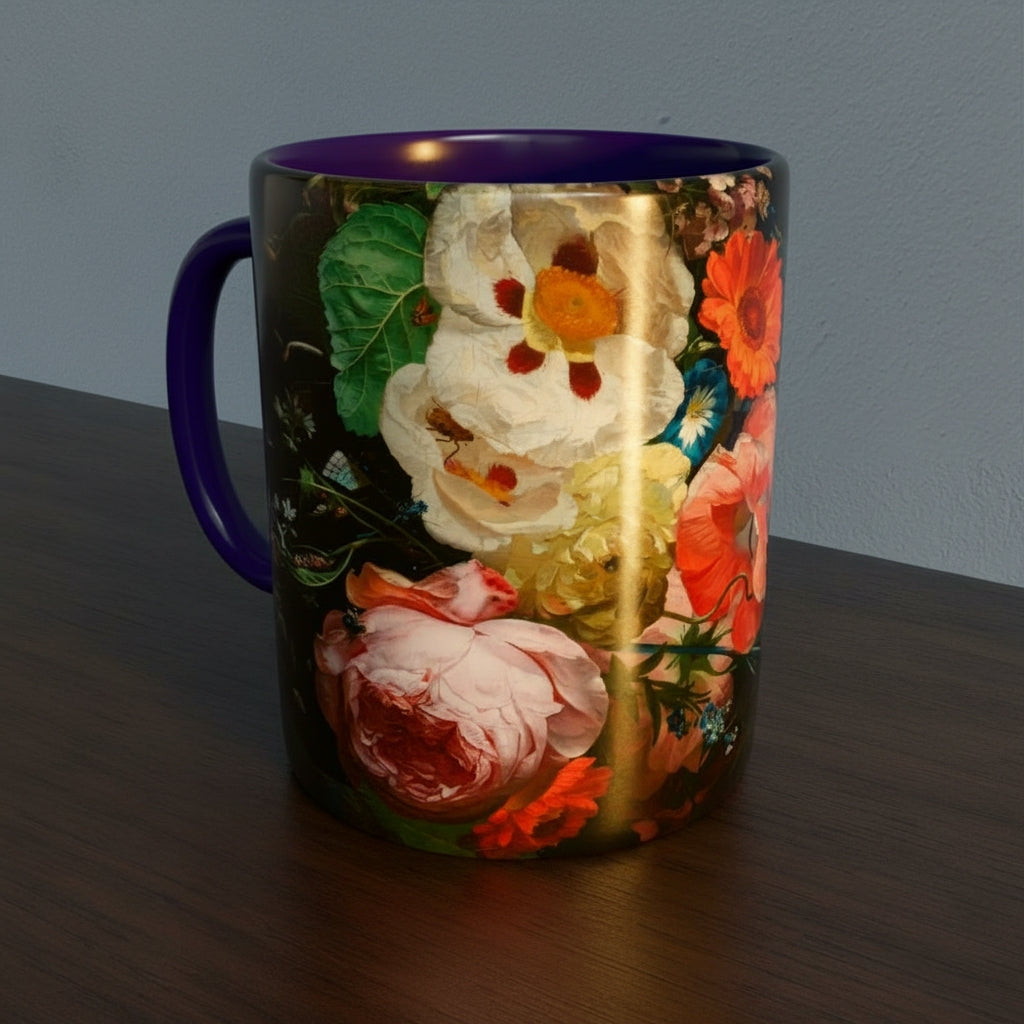 Mug with Dutch Master Still Life Artwork printed on - with dark blue handle and mug inner, mug sitting on a wooden surface
