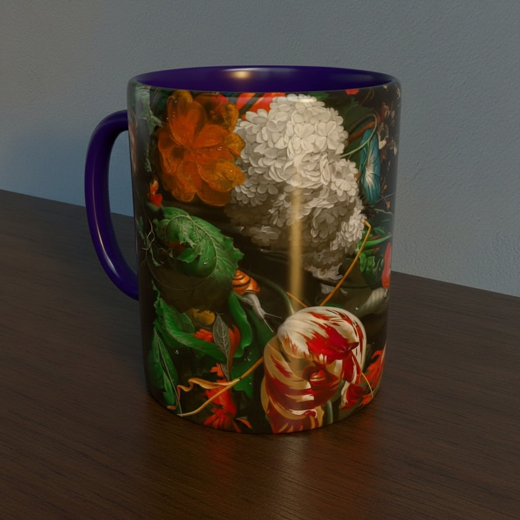 Mug with Dutch Master Still Life Artwork printed on - with dark blue handle and mug inner, mug sitting on a wooden surface