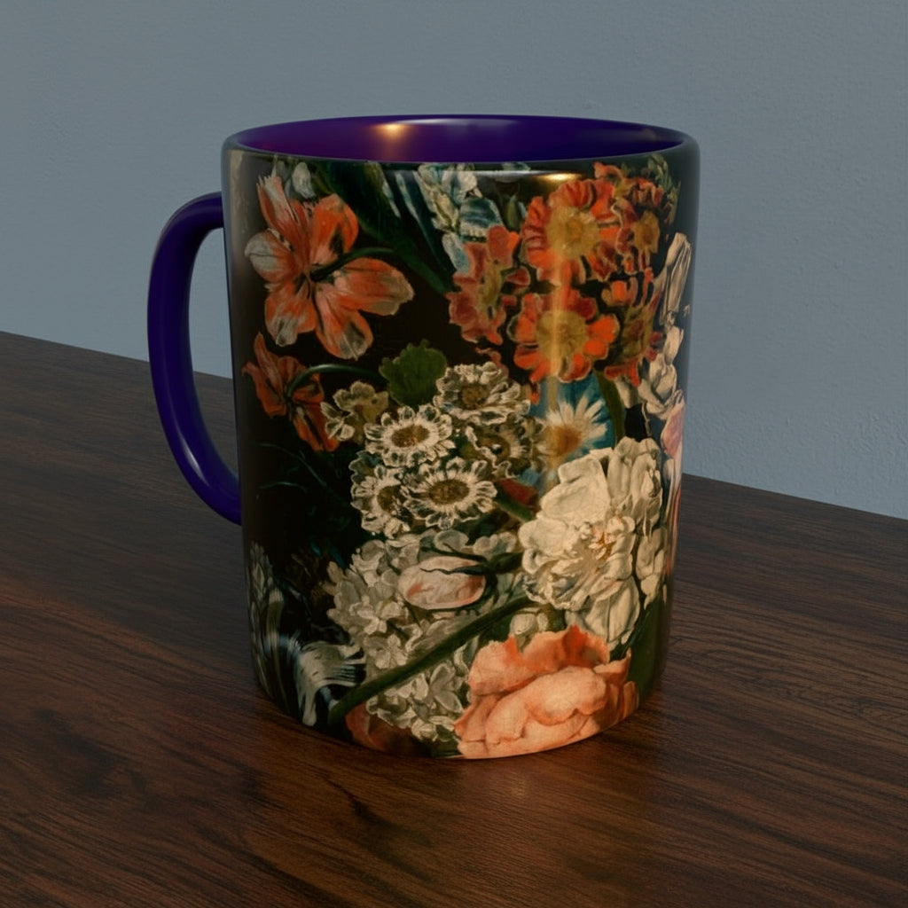 Mug with Dutch Master Still Life Artwork printed on - with dark blue handle and mug inner, mug sitting on a wooden surface