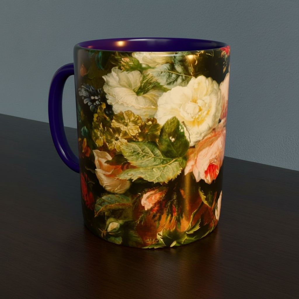 Mug with Dutch Master Still Life Artwork printed on - with dark blue handle and mug inner, mug sitting on a wooden surface