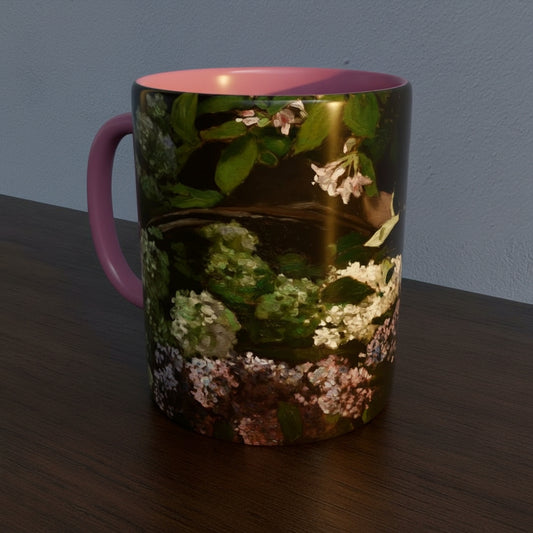 Mug with French Master Still Life Artwork printed on - with pink handle and mug inner, mug sitting on a wooden surface