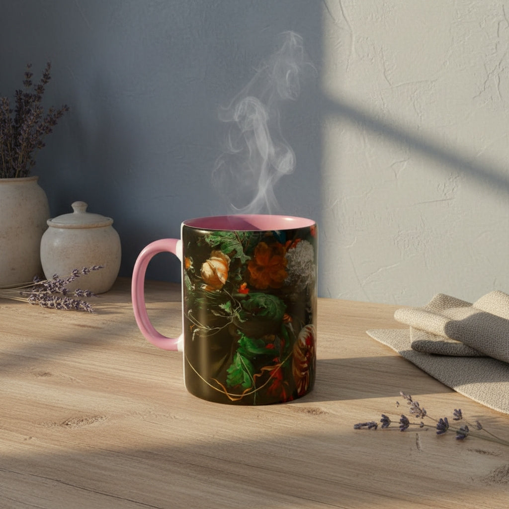 Steaming mug with Dutch Master Still Life Artwork printed on - with pink handle and mug inner, mug sitting on a wooden surface on English styled kitchen. 