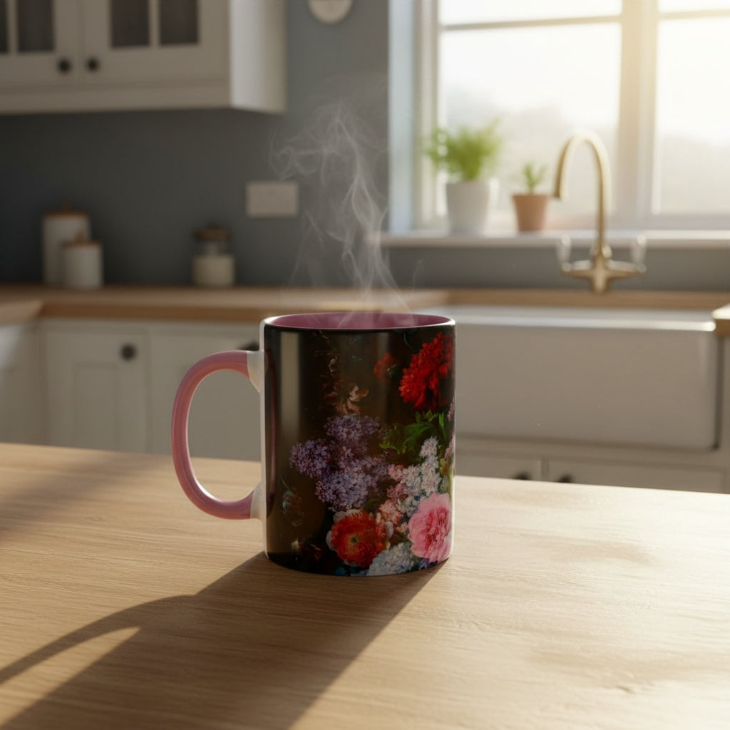 
Steaming mug with Dutch Master Still Life Artwork printed on - with pink handle and mug inner, mug sitting on a wooden surface on English styled kitchen. 