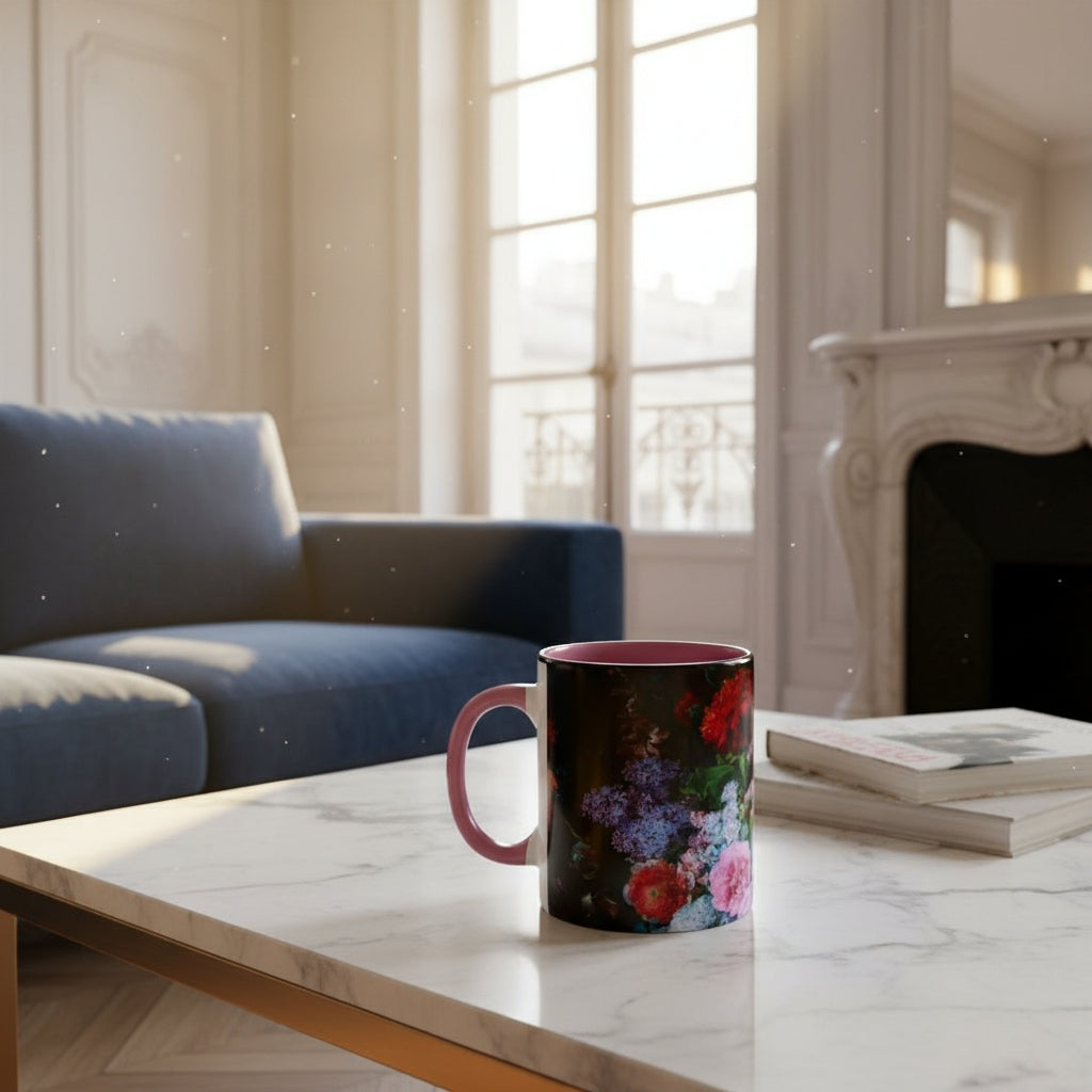 Steaming mug with Dutch Master Still Life Artwork printed on - with black handle and mug inner, mug sitting on marble coffee table in living room of French Styled Apartment.