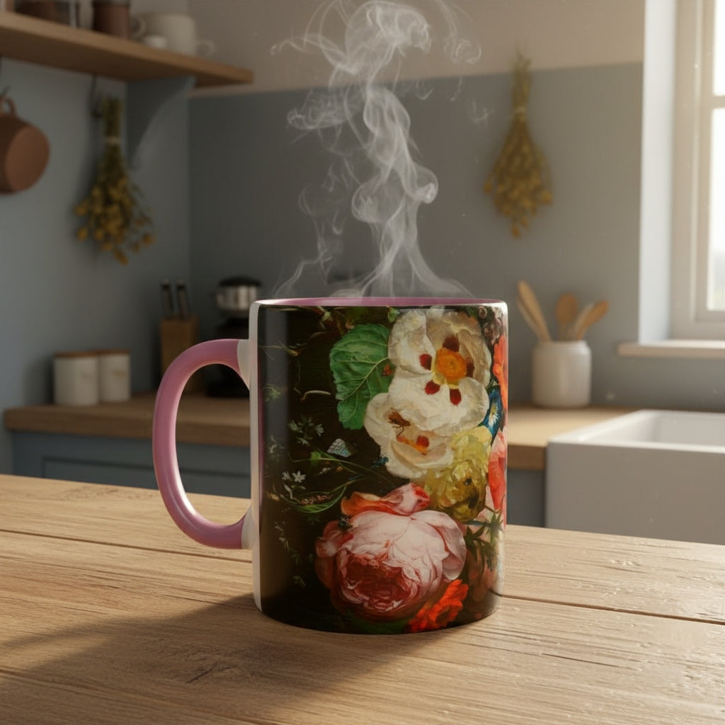 Steaming mug with Dutch Master Still Life Artwork printed on - with pink handle and mug inner, mug sitting on a wooden surface on English styled kitchen. 
