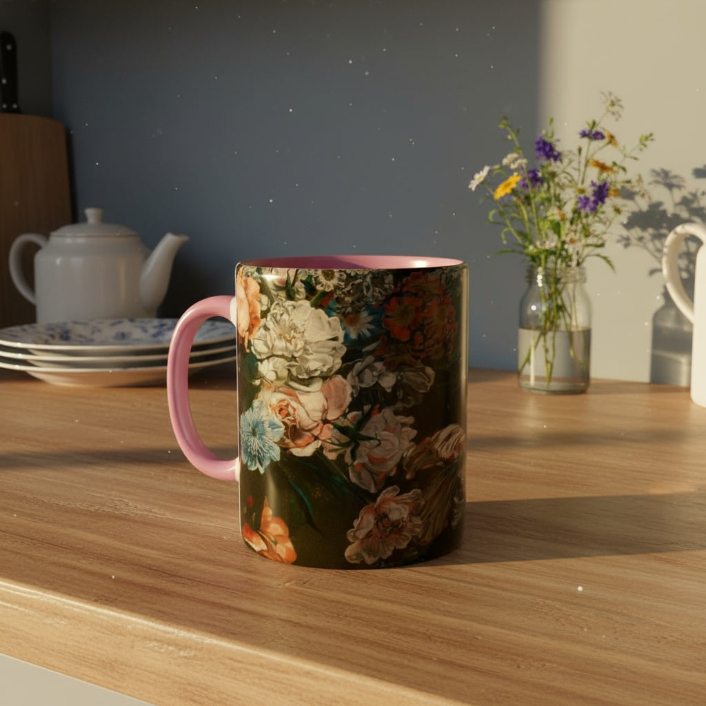 Steaming mug with Dutch Master Still Life Artwork printed on - with pink handle and mug inner, mug sitting on a wooden surface on English styled kitchen. 