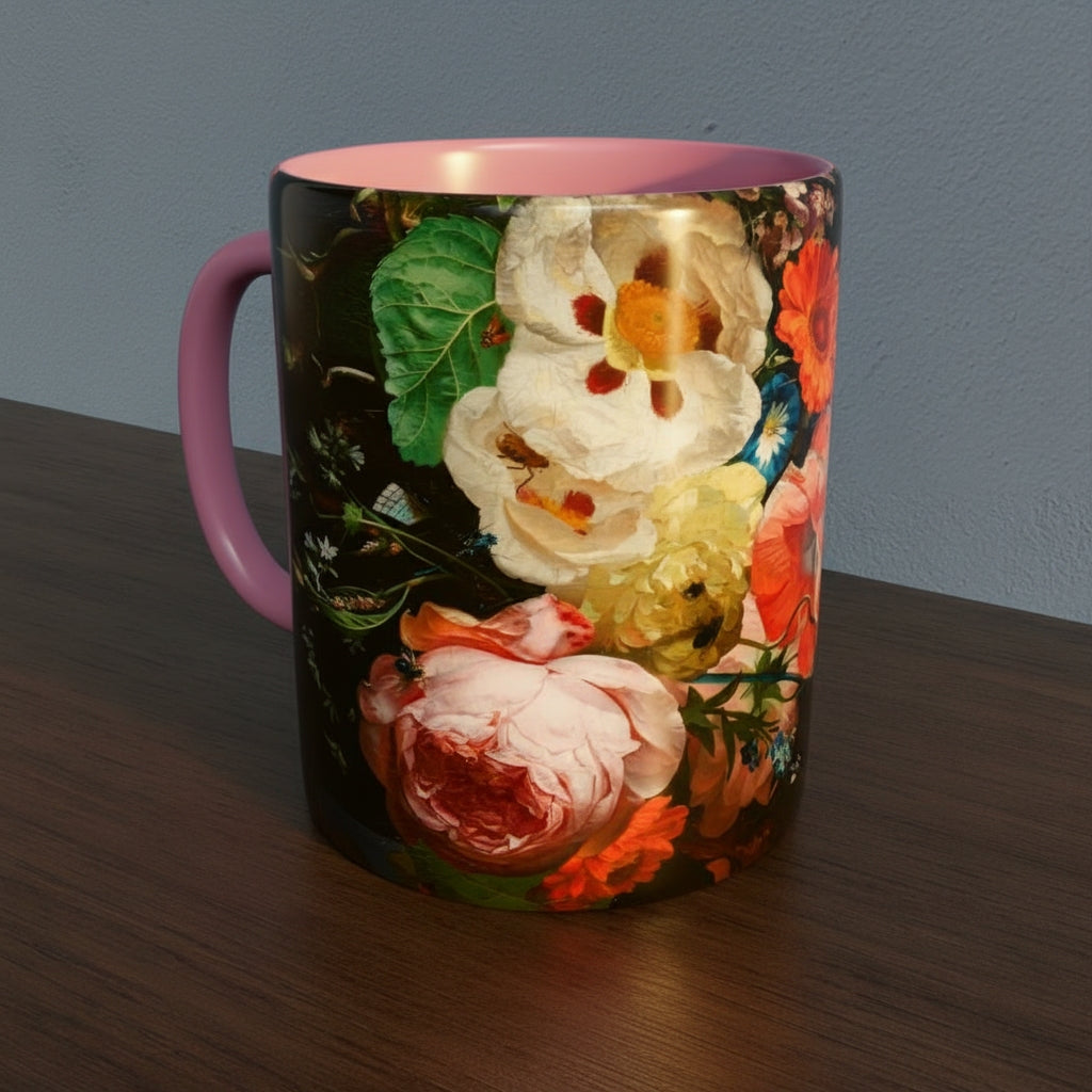 Mug with Dutch Master Still Life Artwork printed on - with pink handle and mug inner, mug sitting on a wooden surface