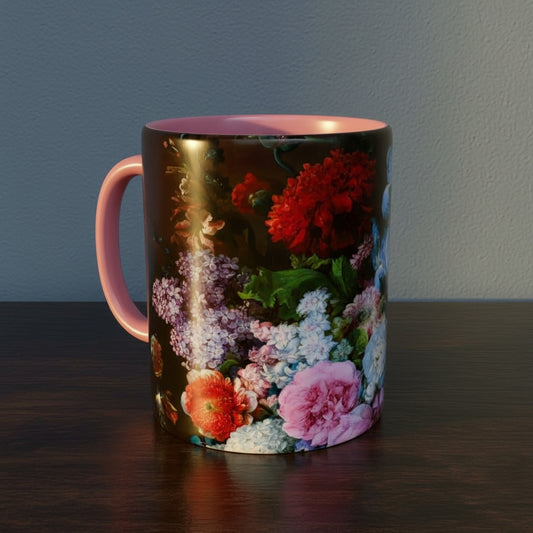 Mug with Dutch Master Still Life Artwork printed on - with pink handle and mug inner, mug sitting on a wooden surface