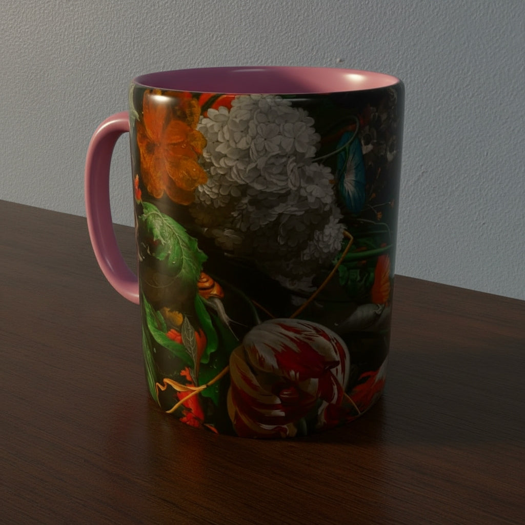 Mug with Dutch Master Still Life Artwork printed on - with pink handle and mug inner, mug sitting on a wooden surface