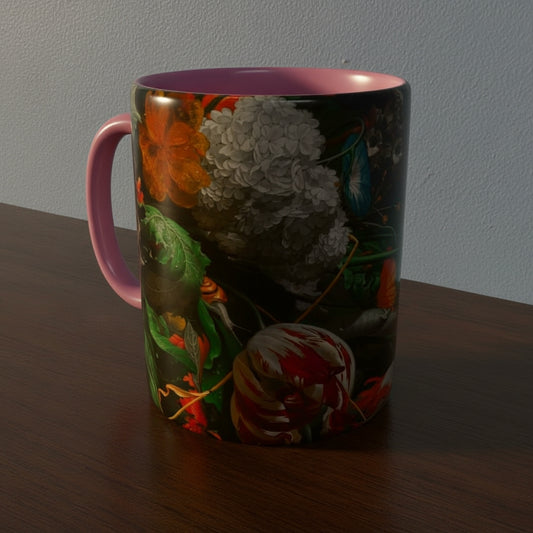 Mug with Dutch Master Still Life Artwork printed on - with pink handle and mug inner, mug sitting on a wooden surface