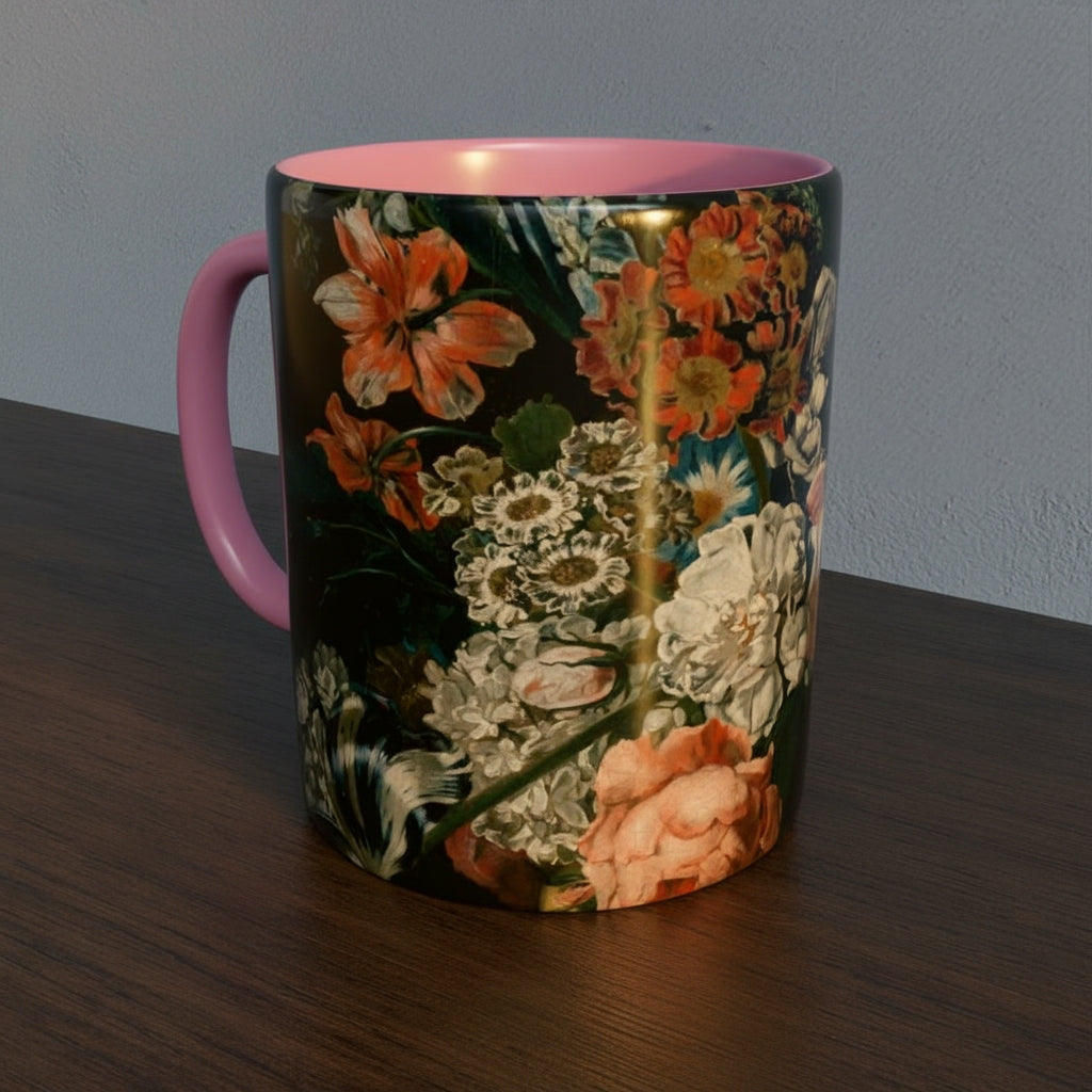 Mug with Dutch Master Still Life Artwork printed on - with pink handle and mug inner, mug sitting on a wooden surface