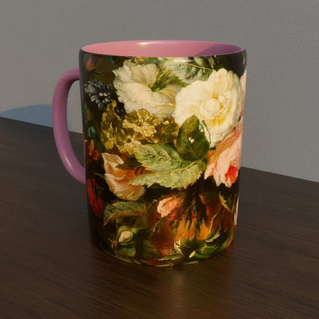 Mug with Dutch Master Still Life Artwork printed on - with pink handle and mug inner, mug sitting on a wooden surface